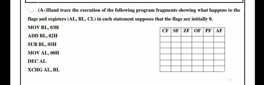 . (A-)Hand trace the execution of the following program fragments showing what happens to the
flags and registers (AL, BL, CL) in each statement supposes that the flags are initially 0.
MOV BL, 03H
CF SF ZF OF PF
AF
ADD BL, 02H
SUB BL, 05H
MOV AL, 00H
DEC AL
XCHG AL, BL
