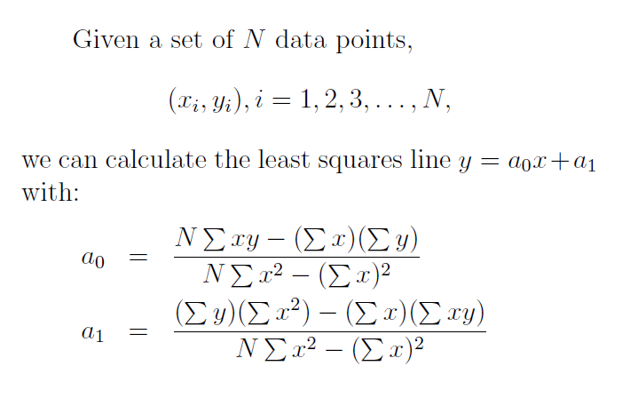 Given a set of N data points,
(X;, Yi), i = 1, 2, 3, ..., N,
we can calculate the least squares line y = aox+ai
with:
ΝΣ xy - (Σ ) (Σν)
NE² – (Ex)²
ao
ΝΣ2
(Ey)(Ex²) – (Ex)(Ery)
NEx² – (Ex)²
-
