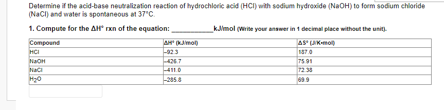 Determine if the acid-base neutralization reaction of hydrochloric acid (HCI) with sodium hydroxide (NaOH) to form sodium chloride
(NaCI) and water is spontaneous at 37°C.
1. Compute for the AH° rxn of the equation:
kJ/mol (Write your answer in 1 decimal place without the unit).
Compound
AH° (kJ/mol)
AS (J/K•mol)
HCI
|-92.3
187.0
NaOH
Naci
H20
-426.7
75.91
|-411.0
-285.8
72.38
69.9
