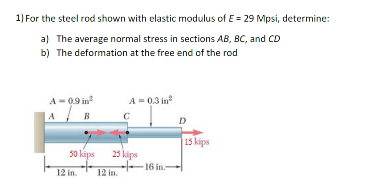 1) For the steel rod shown with elastic modulus of E = 29 Mpsi, determine:
a) The average normal stress in sections AB, BC, and CD
b) The deformation at the free end of the rod
A = 0.9 in²
B
50 kips
12 in.
A = 0.3 in²
12 in.
C
25 kips
16 in.-
D
15 kips