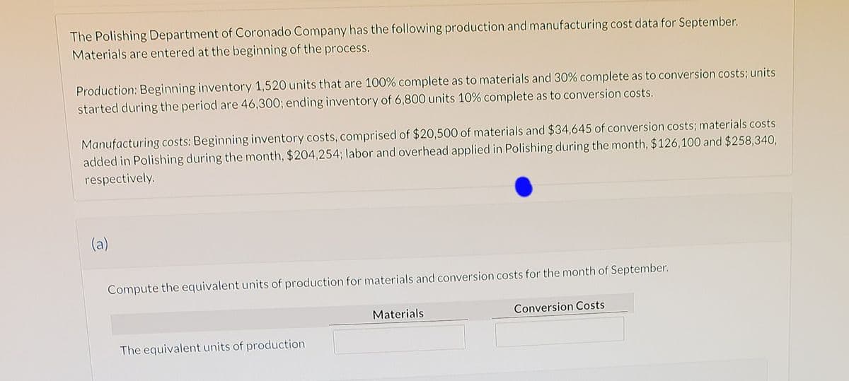 The Polishing Department of Coronado Company has the following production and manufacturing cost data for September.
Materials are entered at the beginning of the process.
Production: Beginning inventory 1,520 units that are 100% complete as to materials and 30% complete as to conversion costs; units
started during the period are 46,300; ending inventory of 6,800 units 10% complete as to conversion costs.
Manufacturing costs: Beginning inventory costs, comprised of $20,500 of materials and $34,645 of conversion costs; materials costs
added in Polishing during the month, $204,254; labor and overhead applied in Polishing during the month, $126,100 and $258,340,
respectively.
(a)
Compute the equivalent units of production for materials and conversion costs for the month of September.
Materials
Conversion Costs
The equivalent units of production
