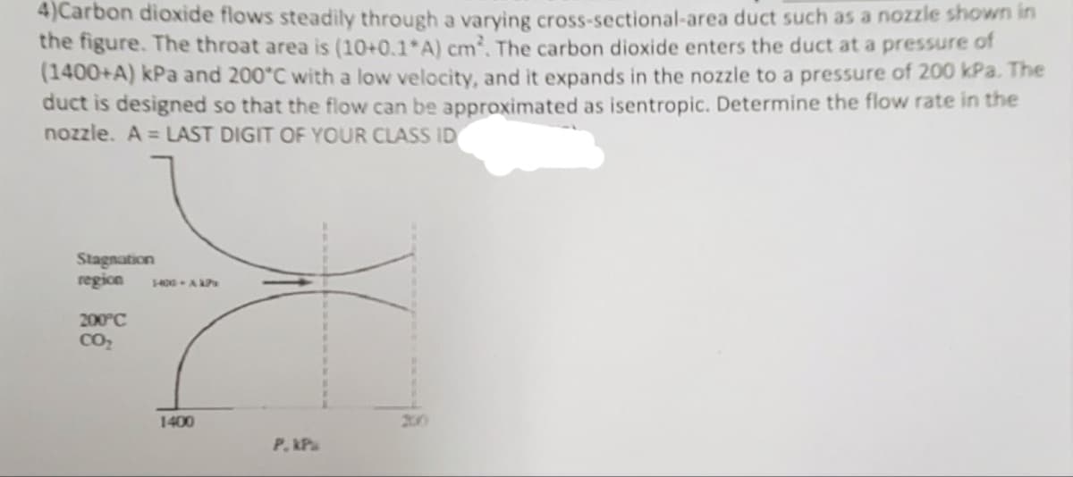 4)Carbon dioxide flows steadily through a varying cross-sectional-area duct such as a nozzle shown in
the figure. The throat area is (10+0.1*A) cm². The carbon dioxide enters the duct at a pressure of
(1400+A) kPa and 200°C with a low velocity, and it expands in the nozzle to a pressure of 200 kPa. The
duct is designed so that the flow can be approximated as isentropic. Determine the flow rate in the
nozzle. A = LAST DIGIT OF YOUR CLASS ID
Stagnation
region 1400 - ALPw
200°C
CO₂
1400
P. KP