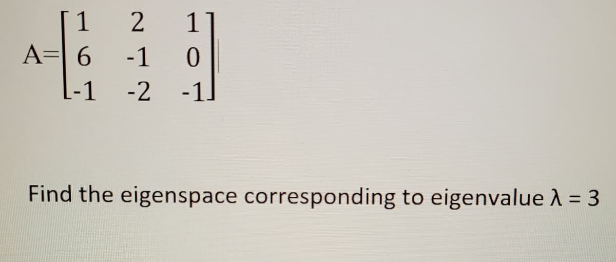 1
1
A=| 6
-1
L-1
-2
-1.
Find the eigenspace corresponding to eigenvalue A = 3
%3D
