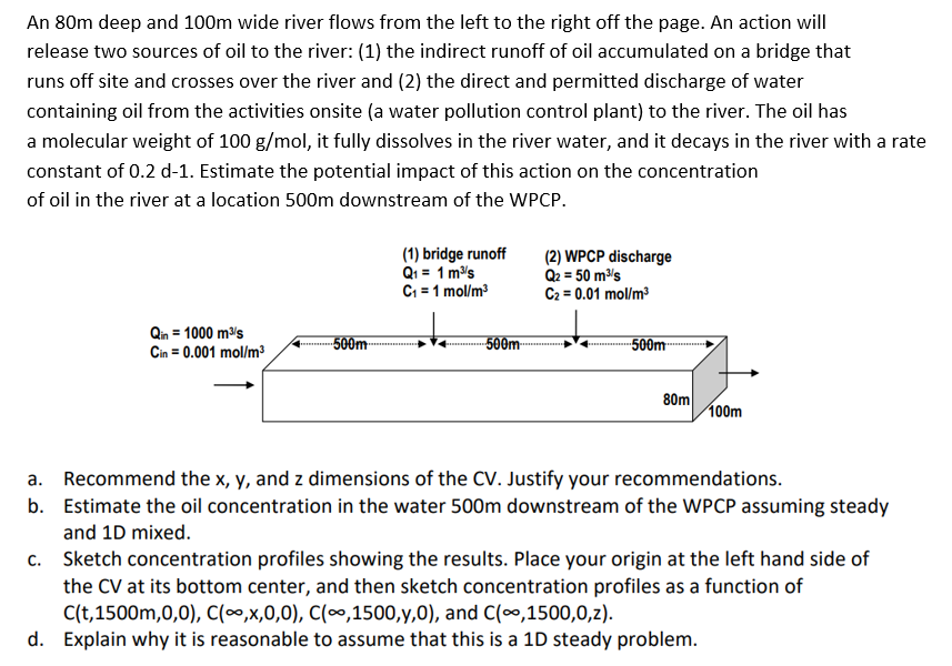 An 80m deep and 100m wide river flows from the left to the right off the page. An action will
release two sources of oil to the river: (1) the indirect runoff of oil accumulated on a bridge that
runs off site and crosses over the river and (2) the direct and permitted discharge of water
containing oil from the activities onsite (a water pollution control plant) to the river. The oil has
a molecular weight of 100 g/mol, it fully dissolves in the river water, and it decays in the river with a rate
constant of 0.2 d-1. Estimate the potential impact of this action on the concentration
of oil in the river at a location 500m downstream of the WPCP.
(1) bridge runoff
Q1 = 1 m's
C = 1 mol/m
(2) WPCP discharge
Q2 = 50 m's
C2 = 0.01 mol/m
Qin = 1000 m³'s
Cin = 0.001 mol/m?
--500m-
500m-
-500m
80m
100m
a. Recommend the x, y, and z dimensions of the CV. Justify your recommendations.
b. Estimate the oil concentration in the water 500m downstream of the WPCP assuming steady
and 1D mixed.
c. Sketch concentration profiles showing the results. Place your origin at the left hand side of
the CV at its bottom center, and then sketch concentration profiles as a function of
C(t,1500m,0,0), C(∞,x,0,0), C(∞,1500,y,0), and C(∞,1500,0,z).
d. Explain why it is reasonable to assume that this is a 1D steady problem.
