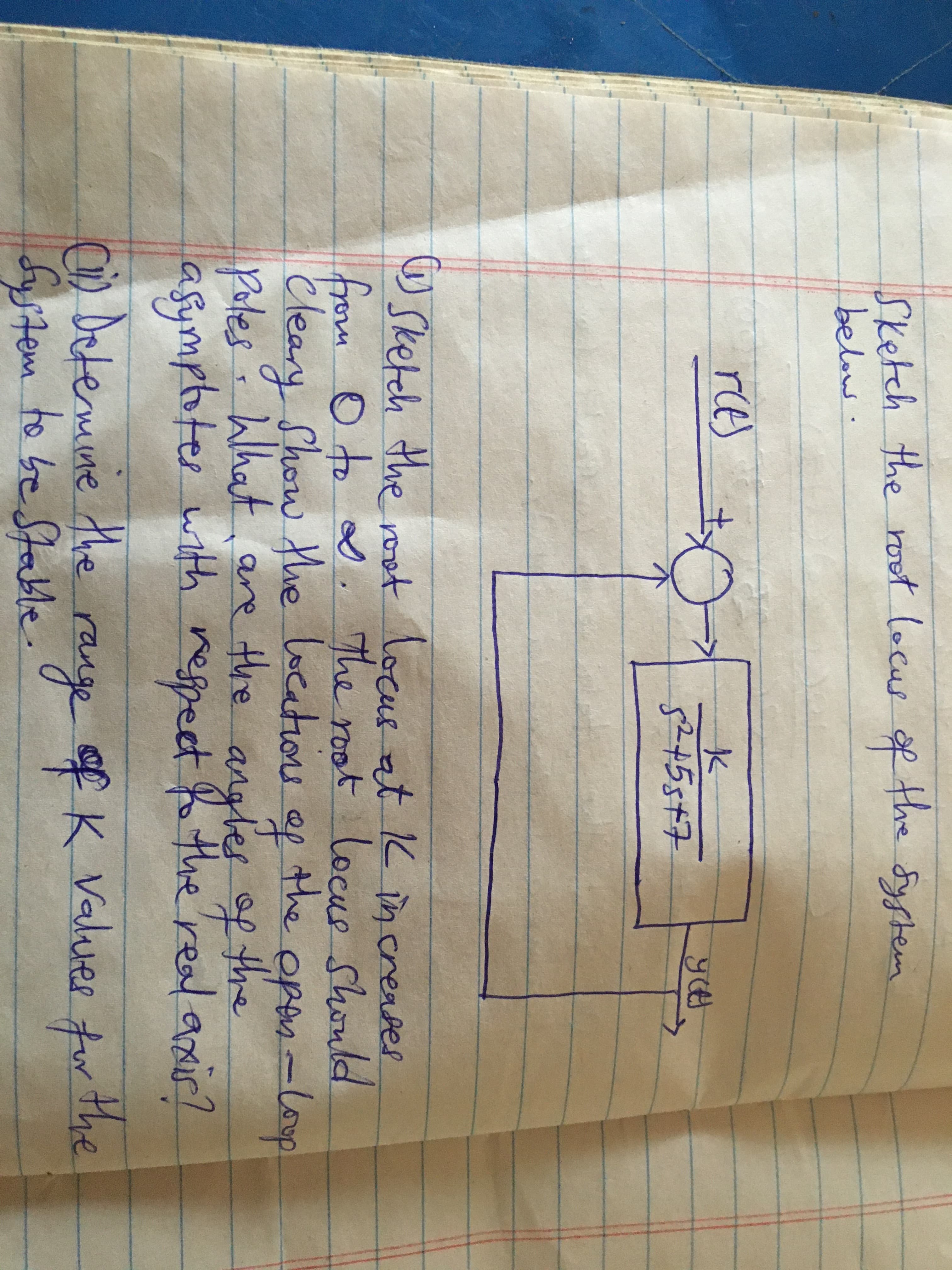 Sketch the root locus of the System
below.
re
52+5st7
Orketeh the root locus
at K increades
from o to ∞, The root locue Should
open-lop
argles of the
ocus
Cleary Show the location
of
the
Poles What are the
afymptoter with refpect f the'real axic?
i) Detemine the range of K Valuer for the
rage of K Valuer tw the
fustem
to be Stable.
