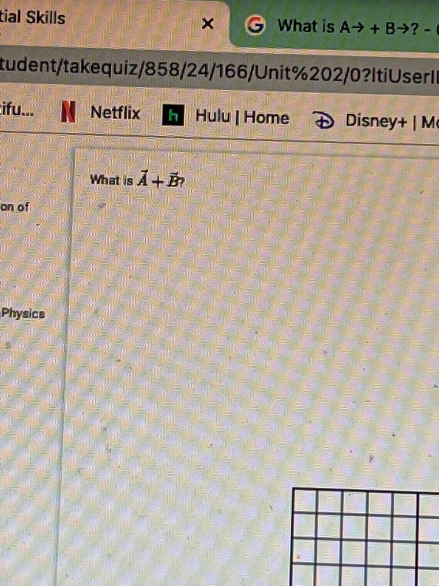 tial Skills
G What is A→ + B>? - C
tudent/takequiz/858/24/166/Unit%202/0?ltiUserl
cifu. N Netflix
h Hulu | Home Disney+ | Mo
What is A + B
on of
Physics
