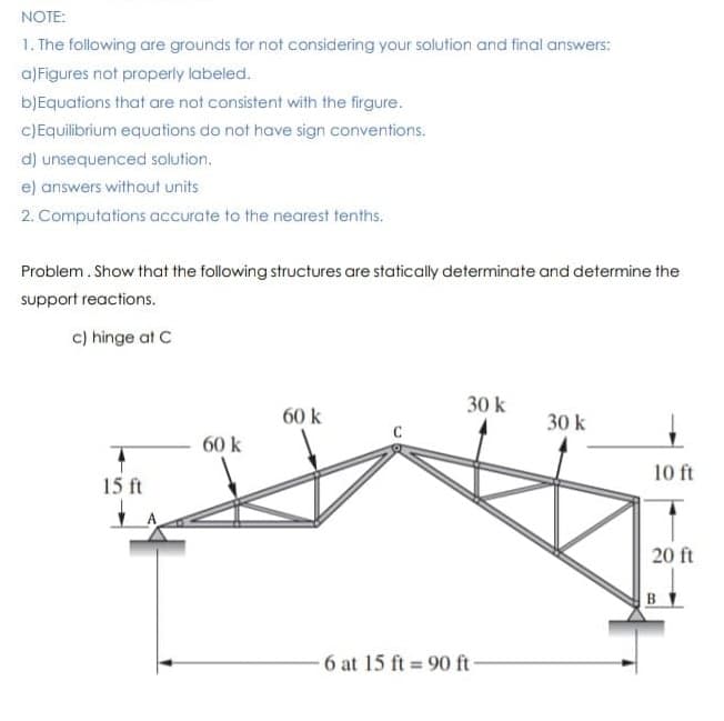 NOTE:
1. The following are grounds for not considering your solution and final answers:
a)Figures not properly labeled.
b)Equations that are not consistent with the firgure.
C)Equilibrium equations do not have sign conventions.
d) unsequenced solution.
e) answers without units
2. Computations accurate to the nearest tenths.
Problem. Show that the following structures are statically determinate and determine the
support reactions.
c) hinge at C
30 k
60 k
30 k
60 k
10 ft
15 ft
20 ft
B
6 at 15 ft 90 ft
