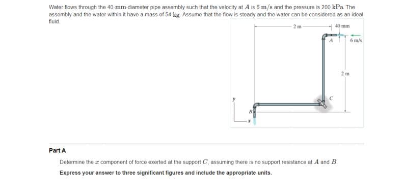 Water flows through the 40-mm-diameter pipe assembly such that the velocity at A is 6 m/s and the pressure is 200 kPa The
assembly and the water within it have a mass of 54 kg Assume that the flow is steady and the water can be considered as an ideal
fluid.
40 mm
6 m/s
2 m
Part A
Determine the z component of force exerted at the support C, assuming there is no support resistance at A and B.
Express your answer to three significant figures and include the appropriate units.
