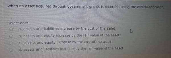 When an asset acquired through government grants is recorded using the capital approach,
Select one:
a. assets and liabilities increase by the cost of the asset.
b, assets and equity increase by the fair value of the asset.
C. assets and equity increase by the cost of the asset.
d. assets and liabilities increase by the fair value of the asset.
