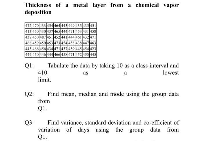 Thickness of a metal layer from a chemical vapor
deposition
472 470433 454 464443 449 435 435 451
413 450 430 437 465 444 471 453 431458
438 450 487 451 452 441 444 461 432 471
468 459 450 453473 454 458 438 447 463
445 466 456434 471437 459 445 454 423
444 450 446 444466 458 471 452 455 445
Tabulate the data by taking 10 as a class interval and
Q1:
410
as
a
lowest
limit.
Q2:
Find mean, median and mode using the group data
from
Q1.
Q3:
variation of days using the
Q1.
Find variance, standard deviation and co-efficient of
group
data from
