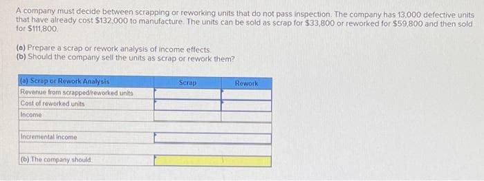 A company must decide between scrapping or reworking units that do not pass inspection. The company has 13,000 defective units
that have already cost $132,000 to manufacture. The units can be sold as scrap for $33,800 or reworked for $59,800 and then sold
for $111,800.
(0) Prepare a scrap or rework analysis of income effects.
(b) Should the company sell the units as scrap or rework them?
(a) Scrap or Rework Analysis
Revenue from scrapped/reworked units
Cost of reworked units
Income
Incremental income
(b) The company should
Scrap
Rework