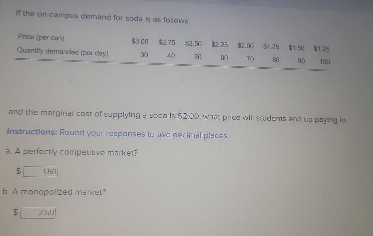 If the on-campus demand for soda is as follows:
Price (per can)
Quantity demanded (per day)
1.50
b. A monopolized market?
tA
$3.00 $2.75 $2.50 $2.25
30
40 50
60
and the marginal cost of supplying a soda is $2.00, what price will students end up paying in
Instructions: Round your responses to two decimal places.
a. A perfectly competitive market?
$
2.50
$2.00 $1.75 $1.50 $1.25
80
100
70
90