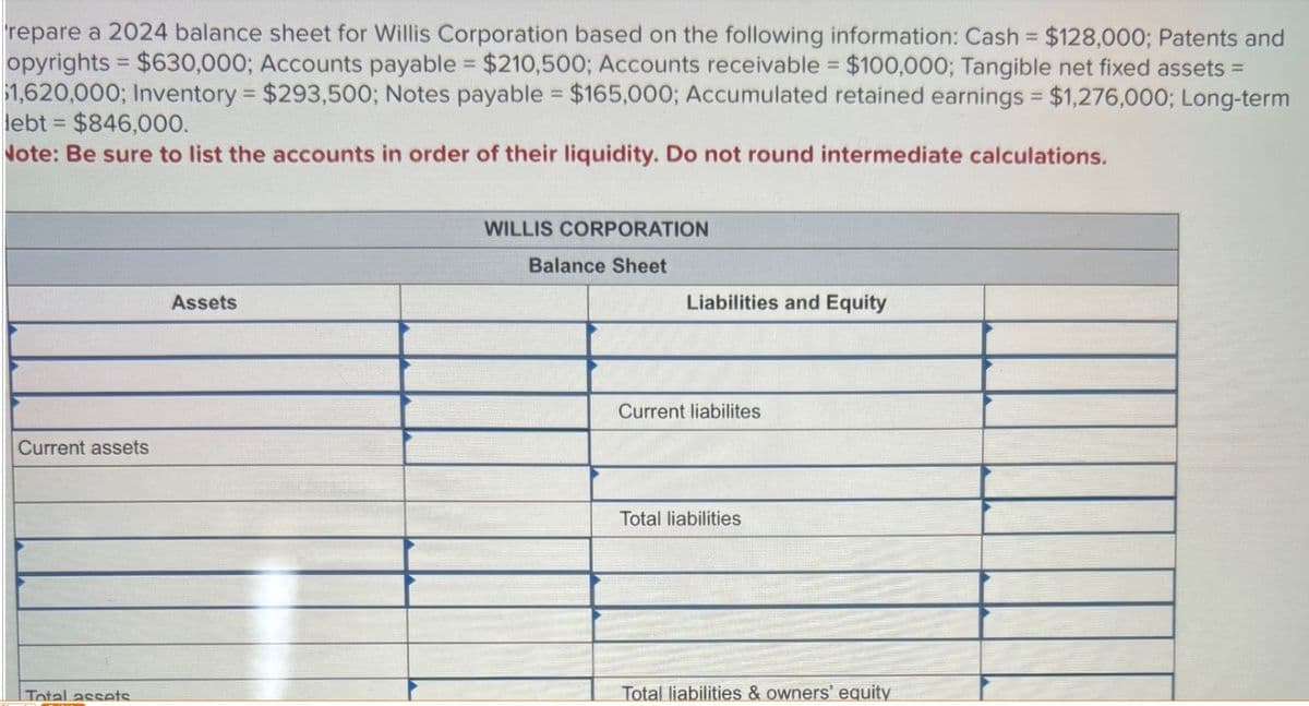 repare a 2024 balance sheet for Willis Corporation based on the following information: Cash = $128,000; Patents and
opyrights = $630,000; Accounts payable = $210,500; Accounts receivable = $100,000; Tangible net fixed assets =
$1,620,000; Inventory = $293,500; Notes payable = $165,000; Accumulated retained earnings = $1,276,000; Long-term
lebt = $846,000.
Note: Be sure to list the accounts in order of their liquidity. Do not round intermediate calculations.
Current assets
Total assets.
Assets
WILLIS CORPORATION
Balance Sheet
Liabilities and Equity
Current liabilites
Total liabilities
Total liabilities & owners' equity