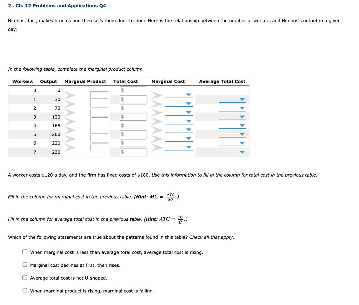 2. Ch. 12 Problems and Applications Q4
Nimbus, Inc., makes brooms and then sells them door-to-door. Here is the relationship between the number of workers and Nimbus's output in a given
day:
In the following table, complete the marginal product column.
Workers Output Marginal Product Total Cost
$
$
$
$
$
$
$
$
0
1
2
3
4
5
6
7
0
30
70
120
165
200
220
230
EA
Marginal Cost
A worker costs $120 a day, and the firm has fixed costs of $180. Use this information to fill in the column for total cost in the previous table.
Fill in the column for marginal cost in the previous table. (Hint: MC = -.)
ATC
ΔΟ
Fill in the column for average total cost in the previous table. (Hint: ATC = TC.)
Average Total Cost
Which of the following statements are true about the patterns found in this table? Check all that apply.
When marginal cost is less than average total cost, average total cost is rising.
Marginal cost declines at first, then rises.
Average total cost is not U-shaped.
When marginal product is rising, marginal cost is falling.