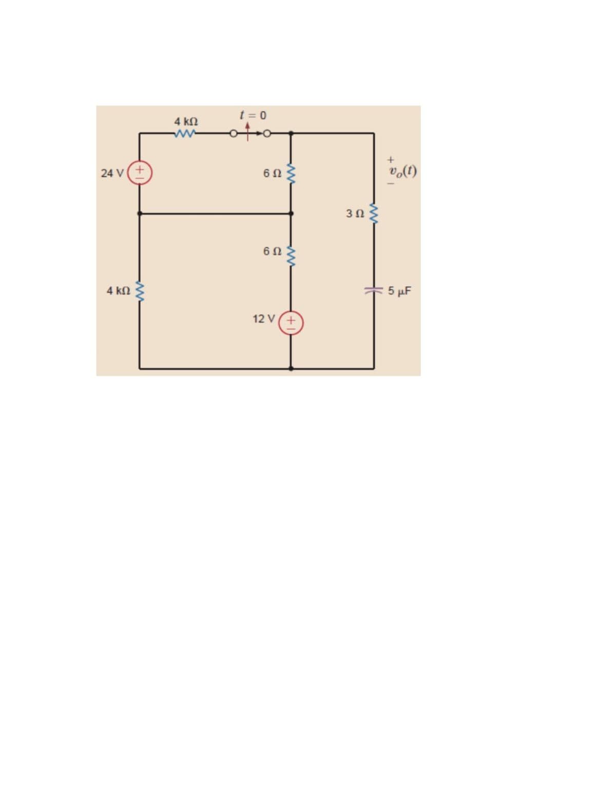 t = 0
4 kN
24 V(+
6Ω
v(1)
6Ω
4 kN
5 µF
12 V
