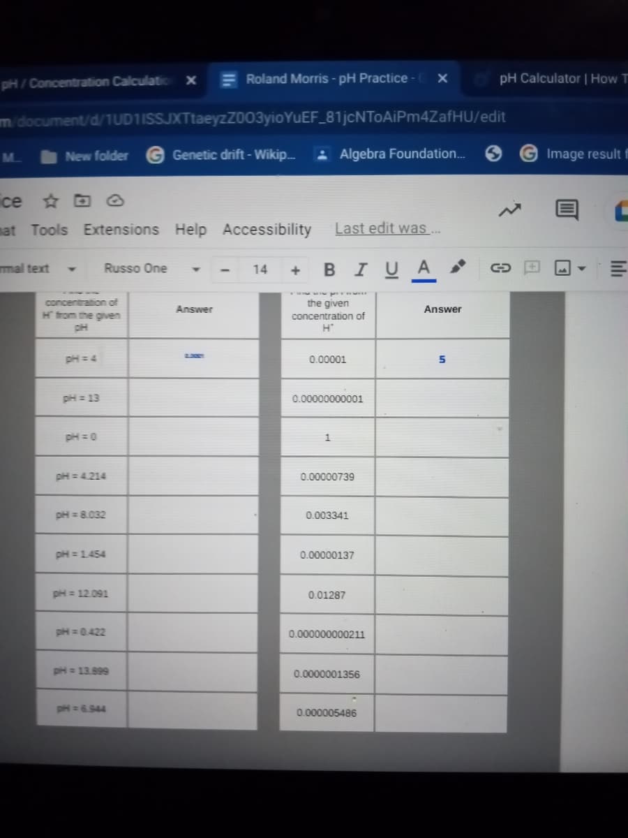 pH/ Concentration Calculatio
= Roland Morris - pH Practice - X
pH Calculator | How T
m/document/d/1UD1ISSJXTtaeyzZ003yioYuEF_81jcNToAiPm4ZafHU/edit
New folder
G Genetic drift - Wikip.
: Algebra Foundation..
Image result f
M.
ice * D ☺
mat Tools Extensions Help Accessibility
Last edit was ...
в IU A
mal text
Russo One
14
concentration of
H trom the given
the given
Answer
Answer
concentration of
pH = 4
2.
0.00001
5
pH = 13
0.00000000001
pH =0
pH = 4.214
0.00000739
pH = 8.032
0.003341
pH =1454
0.00000137
pH = 12.091
0.01287
pH = 0.422
0.000000000211
pH = 13.899
0.0000001356
pH = 6.944
0.000005486
