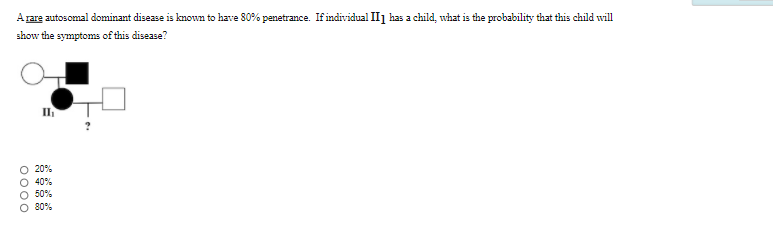 A rara autosomal dominant disease is known to have 80% penetrance. If individual II1 has a child, what is the probability that this child will
show the symptoms of this disease?
II
20%
40%
50%
80%
0000
