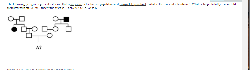 The following pedigree represent a disease that is very rare in the human population and completely penetrant. What is the mode of inheritance? What is the probability that a child
indicated with an "A" will inherit the disease? SHOW YOUR WORK.
A?
Enr the toolhar prees Al T+F10 (PC)gr ALT+EN+F10 (Mar)
