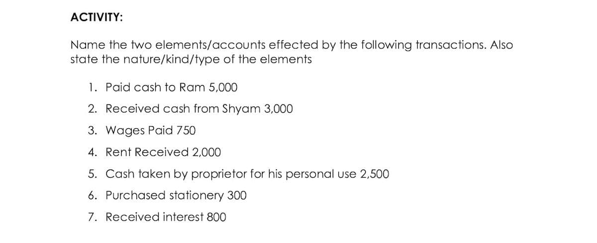 ACTIVITY:
Name the two elements/accounts effected by the following transactions. Also
state the nature/kind/type of the elements
1. Paid cash to Ram 5,000
2. Received cash from Shyam 3,000
3. Wages Paid 750
4. Rent Received 2,000
5. Cash taken by proprietor for his personal use 2,500
6. Purchased stationery 300
7. Received interest 800