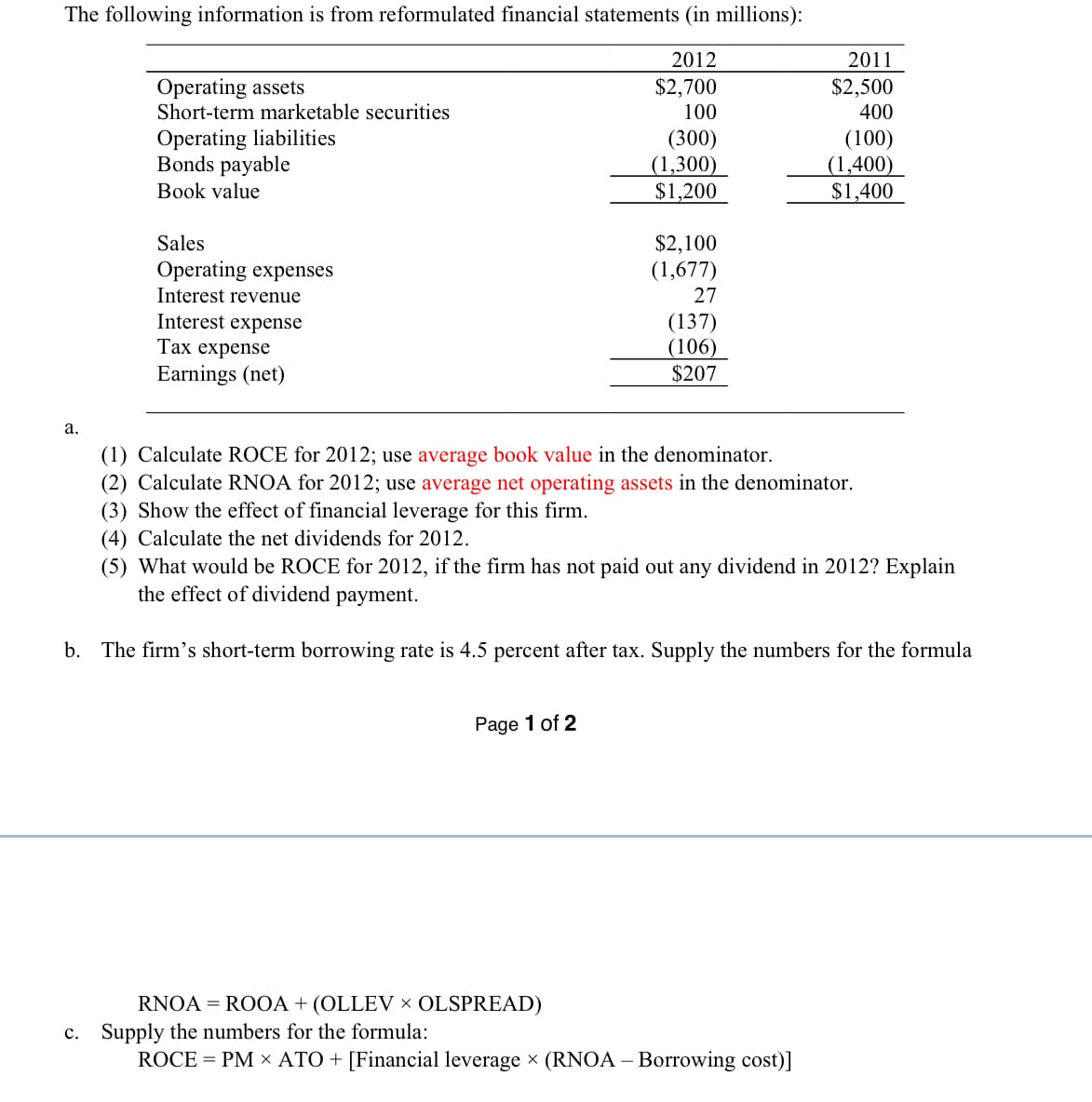 The following information is from reformulated financial statements (in millions):
Operating assets
a.
Short-term marketable securities
Operating liabilities
Bonds payable
Book value
Sales
Operating expenses
Interest revenue
Interest expense
Tax expense
Earnings (net)
2012
$2,700
2011
$2,500
100
400
(300)
(1,300)
(100)
(1,400)
$1,200
$1,400
$2,100
(1,677)
27
(137)
(106)
$207
(1) Calculate ROCE for 2012; use average book value in the denominator.
(2) Calculate RNOA for 2012; use average net operating assets in the denominator.
(3) Show the effect of financial leverage for this firm.
(4) Calculate the net dividends for 2012.
(5) What would be ROCE for 2012, if the firm has not paid out any dividend in 2012? Explain
the effect of dividend payment.
b. The firm's short-term borrowing rate is 4.5 percent after tax. Supply the numbers for the formula
Page 1 of 2
RNOA ROOA+ (OLLEV × OLSPREAD)
c. Supply the numbers for the formula:
ROCE=PM ATO + [Financial leverage × (RNOA - Borrowing cost)]