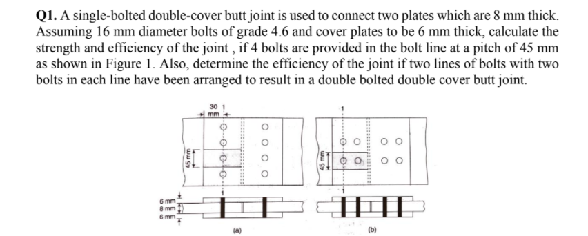 Q1. A single-bolted double-cover butt joint is used to connect two plates which are 8 mm thick.
Assuming 16 mm diameter bolts of grade 4.6 and cover plates to be 6 mm thick, calculate the
strength and efficiency of the joint , if 4 bolts are provided in the bolt line at a pitch of 45 mm
as shown in Figure 1. Also, determine the efficiency of the joint if two lines of bolts with two
bolts in each line have been arranged to result in a double bolted double cover butt joint.
30 1
mm
6 mm
8 mm
6 mm
(a)
(b)
