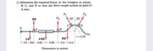 O/determine the required forces in the hangers at points
B, C, and D so that the force-couple system at point O
is zero.
50
30 30
P0.35
100
101
-05 -02- 0.66+ 0.65 0.5+04-
50
Dimensiona in meters
