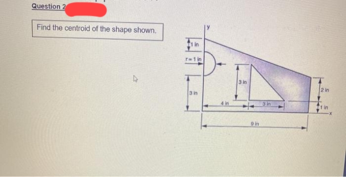 Question 2
Find the centroid of the shape shown.
I in
r-1 in
3 in
2 in
3 in
4 in
3 in
1 in
9 in
