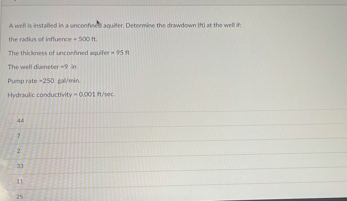 A well is installed in a unconfined aquifer. Determine the drawdown (ft) at the well if:
the radius of influence = 500 ft.
The thickness of unconfined aquifer = 95 ft
The well diameter =9 in
Pump rate =250 gal/min.
Hydraulic conductivity = 0.001 ft/sec.
44
2
33
11
25
