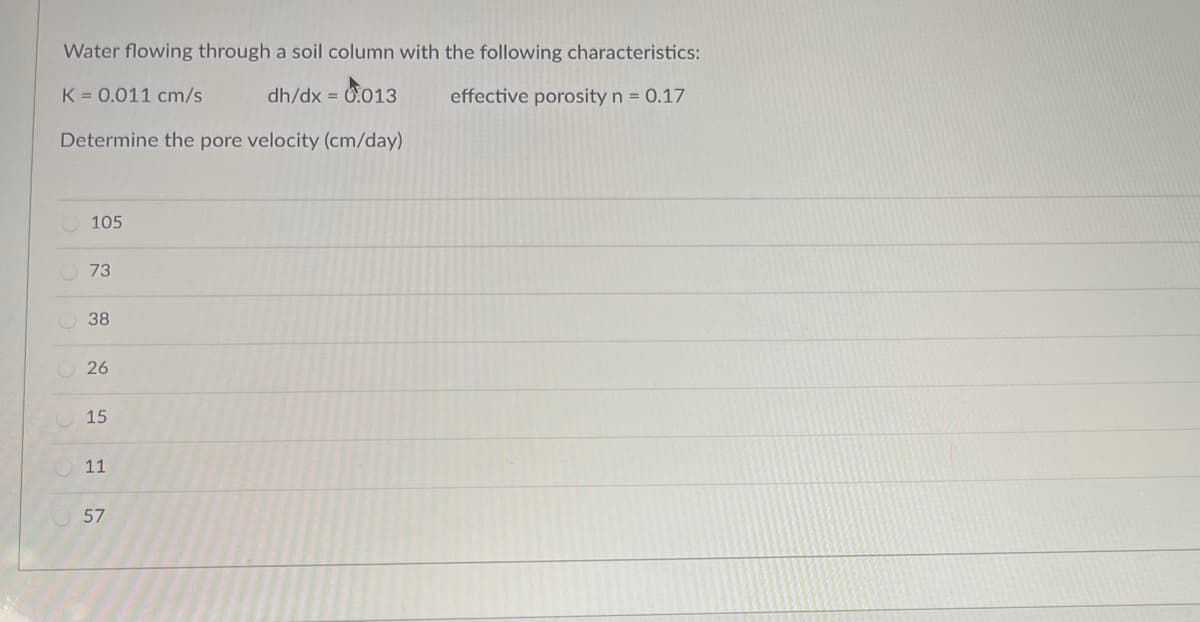 Water flowing through a soil column with the following characteristics:
K = 0.011 cm/s
dh/dx = 0.013
effective porosity n = 0.17
Determine the pore velocity (cm/day)
105
73
38
26
15
11
57
