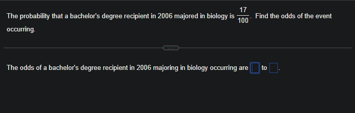 17
The probability that a bachelor's degree recipient in 2006 majored in biology is Find the odds of the event
100
occurring.
The odds of a bachelor's degree recipient in 2006 majoring in biology occurring are to.