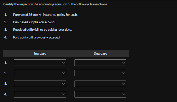 Identify the impact on the accounting equation of the following transactions.
1.
2.
3.
4.
1.
2.
3.
A
Purchased 36-month insurance policy for cash.
Purchased supplies on account.
Received utility bill to be paid at later date.
Paid utility bill previously accrued.
Increase
Decrease