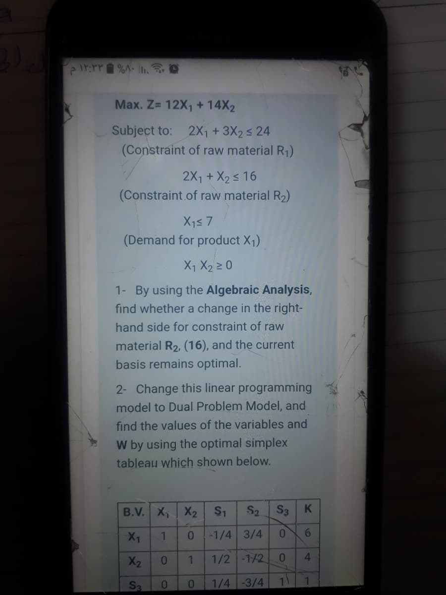 Max. Z= 12X, + 14X2
Subject to: 2X, + 3X2 s 24
(Constraint of raw material R1)
2X1 + X2s 16
(Constraint.of raw material R2)
X1s 7
(Demand for product X1)
X1 X2 2 0
1- By using the Algebraic Analysis,
find whether a change in the right-
hand side for constraint of raw
material R2, (16), and the current
basis remains optimal.
2- Change this linear programming
model to Dual Problem Model, and
find the values of the variables and
W by using the optimal simplex
tableau which shown below.
B.V. X X2 S1
S3
X1
-1/4 3/4
6.
X2
1/2 -1/2
4.
S3
1/4 -3/4
11
1.
