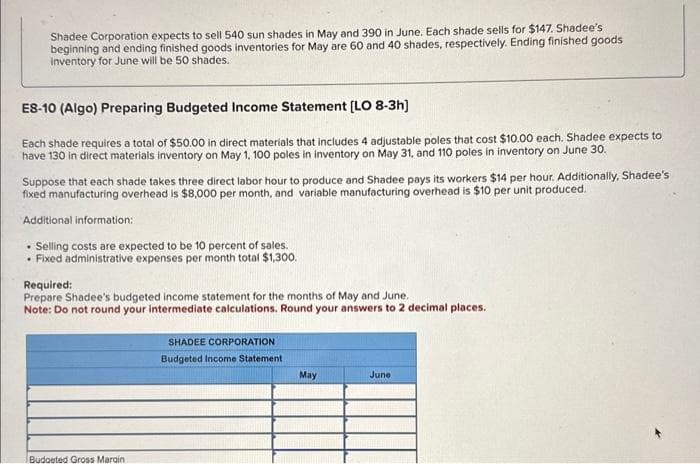 Shadee Corporation expects to sell 540 sun shades in May and 390 in June. Each shade sells for $147. Shadee's
beginning and ending finished goods inventories for May are 60 and 40 shades, respectively. Ending finished goods
Inventory for June will be 50 shades.
ES-10 (Algo) Preparing Budgeted Income Statement [LO 8-3h)
Each shade requires a total of $50.00 in direct materials that includes 4 adjustable poles that cost $10.00 each. Shadee expects to
have 130 in direct materials inventory on May 1, 100 poles in inventory on May 31, and 110 poles in inventory on June 30.
Suppose that each shade takes three direct labor hour to produce and Shadee pays its workers $14 per hour. Additionally, Shadee's
fixed manufacturing overhead is $8,000 per month, and variable manufacturing overhead is $10 per unit produced.
Additional information:
• Selling costs are expected to be 10 percent of sales.
• Fixed administrative expenses per month total $1,300.
Required:
Prepare Shadee's budgeted income statement for the months of May and June.
Note: Do not round your intermediate calculations. Round your answers to 2 decimal places.
Budgeted Gross Margin
SHADEE CORPORATION
Budgeted Income Statement
May
June