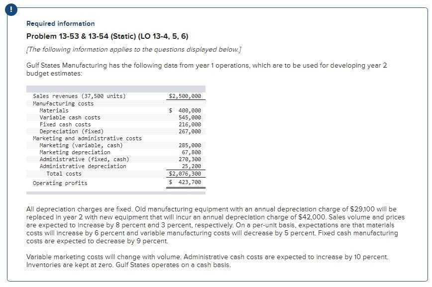 Required information
Problem 13-53 & 13-54 (Static) (LO 13-4, 5, 6)
[The following information applies to the questions displayed below.]
Gulf States Manufacturing has the following data from year 1 operations, which are to be used for developing year 2
budget estimates:
Sales revenues (37,500 units)
Manufacturing costs
Materials
Variable cash costs
Fixed cash costs
Depreciation (fixed)
Marketing and administrative costs
Marketing (variable, cash).
Marketing depreciation
Administrative (fixed, cash)
Administrative depreciation
Total costs
Operating profits
$2,500,000
$ 400,000
545,000
216,000
267,000
285,000
67,800
270,300
25, 200
$2,076,300
$ 423,700
All depreciation charges are fixed. Old manufacturing equipment with an annual depreciation charge of $29,100 will be
replaced in year 2 with new equipment that will incur an annual depreciation charge of $42,000. Sales volume and prices
are expected to increase by 8 percent and 3 percent, respectively. On a per-unit basis, expectations are that materials
costs will increase by 6 percent and variable manufacturing costs will decrease by 5 percent. Fixed cash manufacturing
costs are expected to decrease by 9 percent.
Variable marketing costs will change with volume. Administrative cash costs are expected to increase by 10 percent.
Inventories are kept at zero. Gulf States operates on a cash basis.