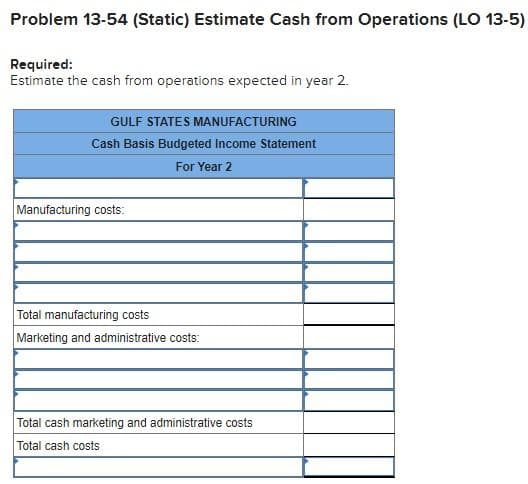 Problem 13-54 (Static) Estimate Cash from Operations (LO 13-5)
Required:
Estimate the cash from operations expected in year 2.
GULF STATES MANUFACTURING
Cash Basis Budgeted Income Statement
For Year 2
Manufacturing costs:
Total manufacturing costs
Marketing and administrative costs:
Total cash marketing and administrative costs
Total cash costs