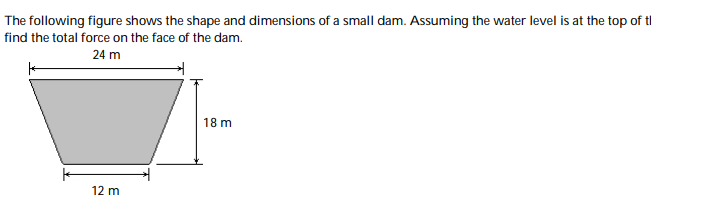 The following figure shows the shape and dimensions of a small dam. Assuming the water level is at the top of tl
find the total force on the face of the dam.
24 m
18 m
12 m
