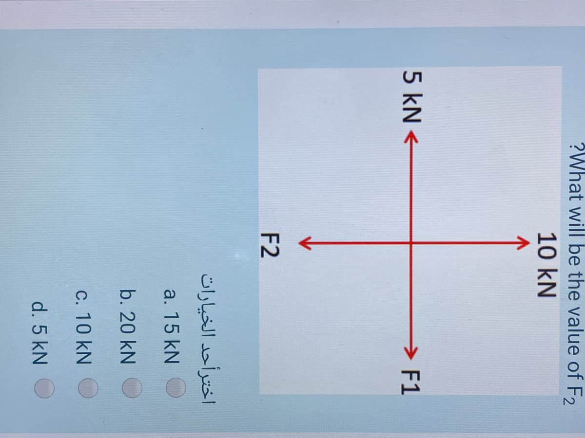 ?What will be the value of F2
10 kN
5 kN +
>F1
F2
اخترأحد الخیارات
a. 15 kN
b. 20 kN
c. 10 kN
d. 5 kN
