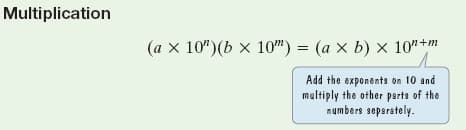 Multiplication
(a x 10")(b × 10") = (a × b) × 10"+m
Add the exponents on 10 and
multiply the other parts of the
numbers separately.
