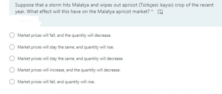 Suppose that a storm hits Malatya and wipes out apricot (Türkçesi: kayısı) crop of the recent
year. What effect will this have on the Malatya apricot market? *
Market prices will fall, and the quantity will decrease.
Market prices will stay the same, and quantity will rise.
Market prices will stay the same, and quantity will decrease.
O Market prices will increase, and the quantity will decrease.
Market prices will fall, and quantity will rise.
