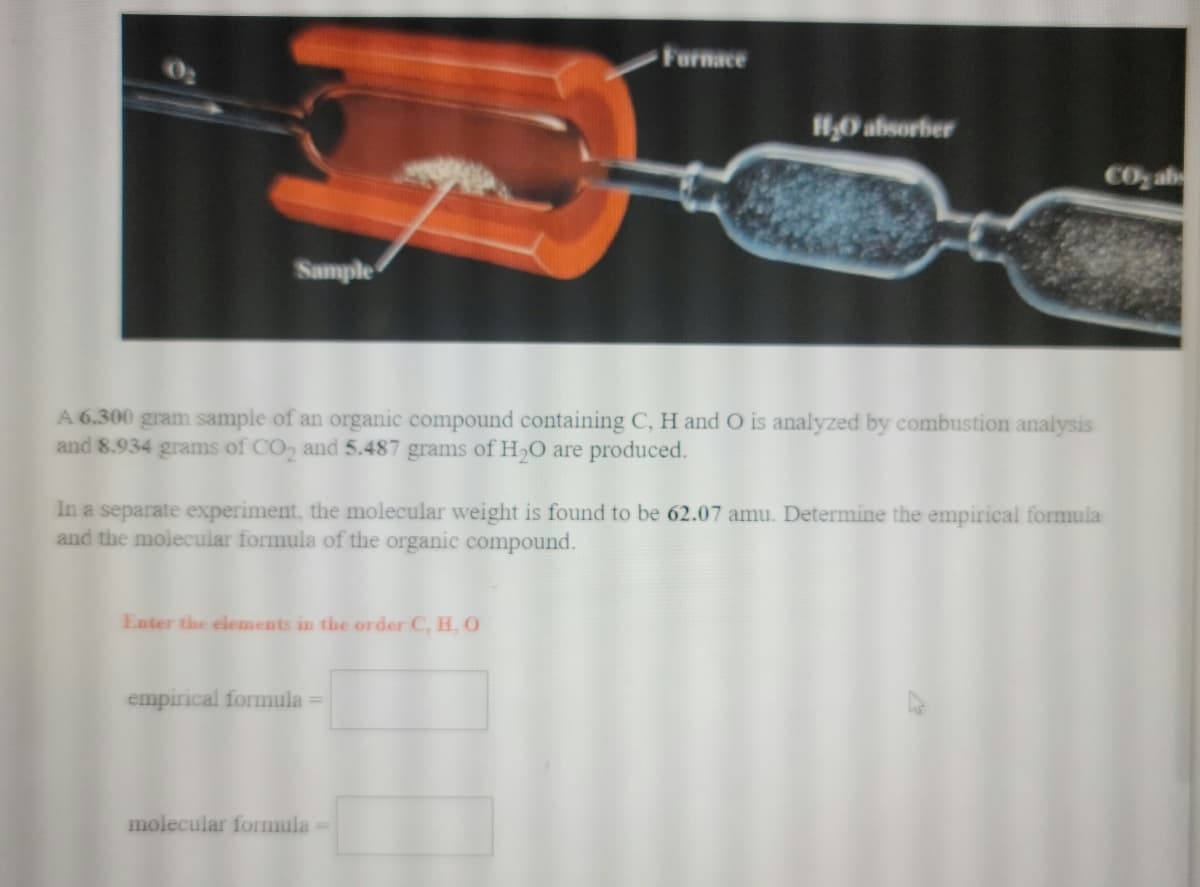Furnace
H0 absorber
CO ab
Sample
A 6.300 gram sample of an organic compound containing C, H and O is analyzed by combustion analysis
and 8.934 grams of CO, and 5.487 grams of H,O are produced.
In a separate experiment, the molecular weight is found to be 62.07 amu. Determine the empirical formula
and the molecular formula of the organic compound.
Enter the elements in the order C, H, O
empirical formula =
molecular formula-
