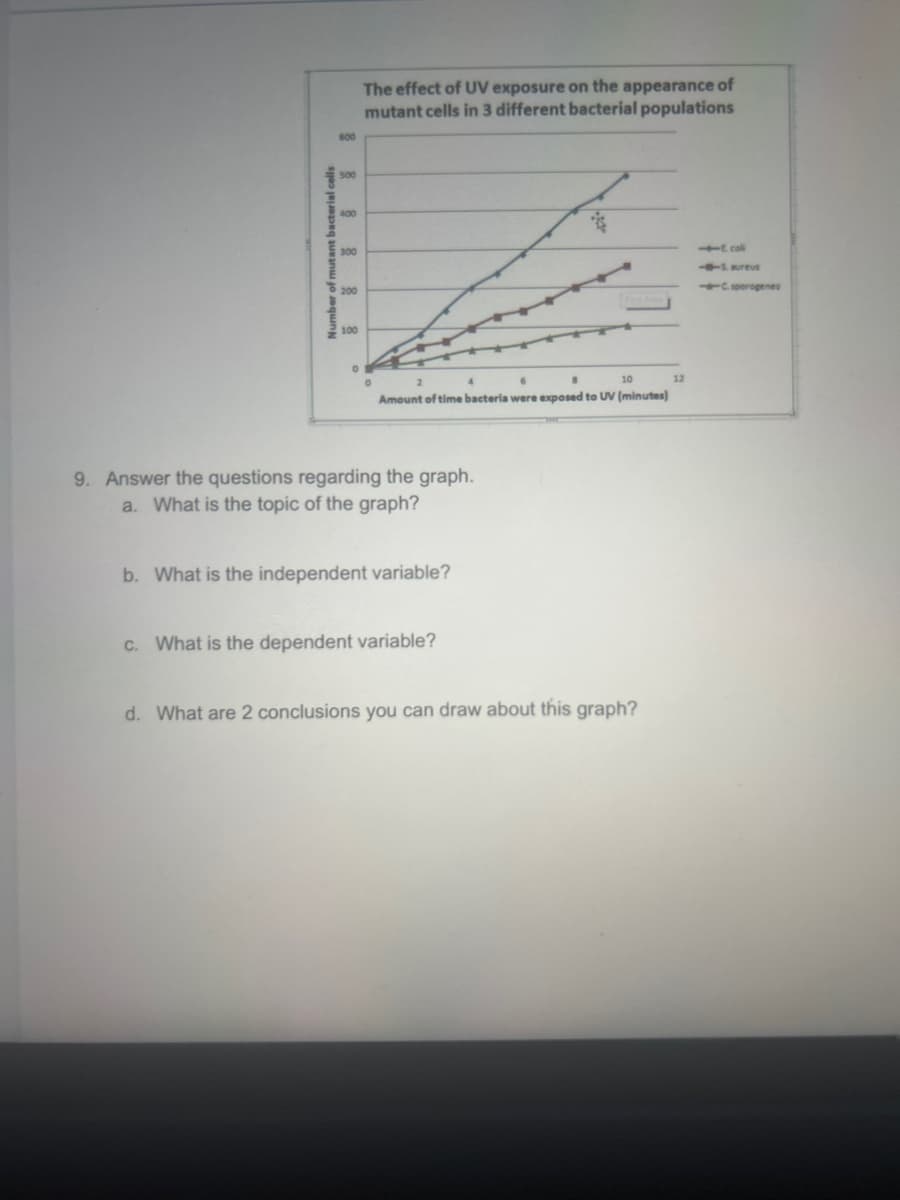 Number of mutant bacterial cells
600
500
400
300
200
100
0
The effect of UV exposure on the appearance of
mutant cells in 3 different bacterial populations
0
2
6
8
10
Amount of time bacteria were exposed to UV (minutes)
4
9. Answer the questions regarding the graph.
a. What is the topic of the graph?
b. What is the independent variable?
c. What is the dependent variable?
d. What are 2 conclusions you can draw about this graph?
12
4E coll
--S. aureus
-C sporogenes