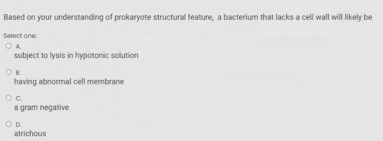 Based on your understanding of prokaryote structural feature, a bacterium that lacks a cell wall will likely be
Select one:
OA.
subject to lysis in hypotonic solution
O B.
having abnormal cell membrane
a gram negative
OD.
atrichous
