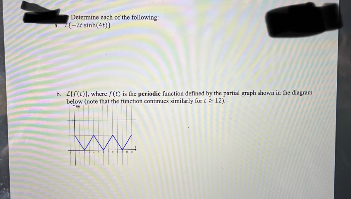 Determine each of the following:
a. L{–2t sinh(4t)}
b. L{f(t)}, where f(t) is the periodic function defined by the partial graph shown in the diagram
below (note that the function continues similarly for t > 12).
↑ RO
MY.