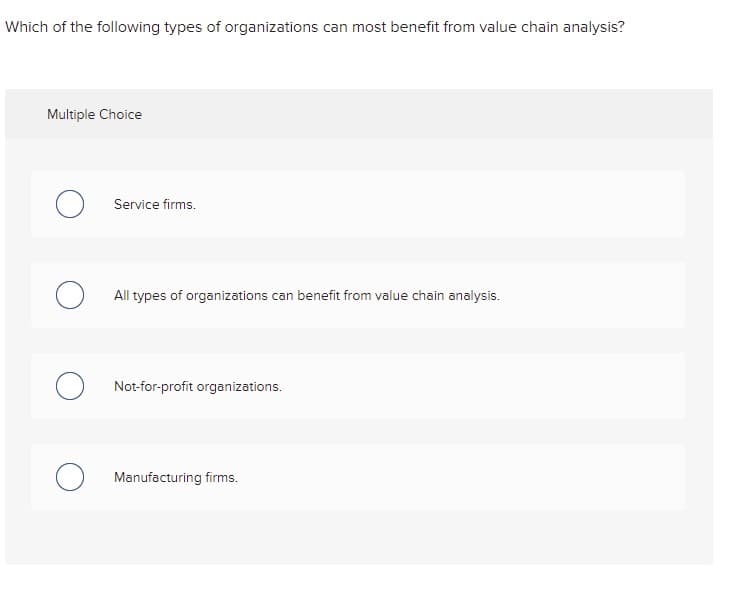 Which of the following types of organizations can most benefit from value chain analysis?
Multiple Choice
Service firms.
All types of organizations can benefit from value chain analysis.
Not-for-profit organizations.
Manufacturing firms.
