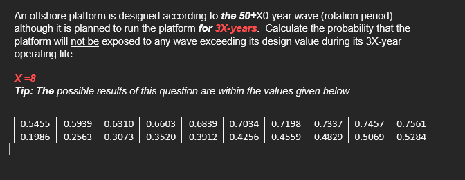 An offshore platform is designed according to the 50+X0-year wave (rotation period),
although it is planned to run the platform for 3X-years. Calculate the probability that the
platform will not be exposed to any wave exceeding its design value during its 3X-year
operating life.
X=8
Tip: The possible results of this question are within the values given below.
0.5455
0.5939
0.6310
0.6603
0.6839
0.7034
0.7198
0.7337
0.7457
0.7561
0.1986
0.2563
0.3073
0.3520
0.3912
0.4256
0.4559
0.4829
0.5069
0.5284
