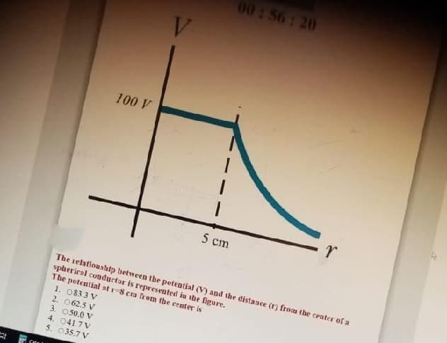 00:56: 20
V.
100 V
5 cm
The sehtionship between the potential (V) and the distance (r) from the center of a
spherical conductor is represented in the figure.
The potential at r-8 cra from the center is
1. 083.3 V
2. 062.5 V
3. 050.0 V
4. 041 7V
5. 035.7 V
