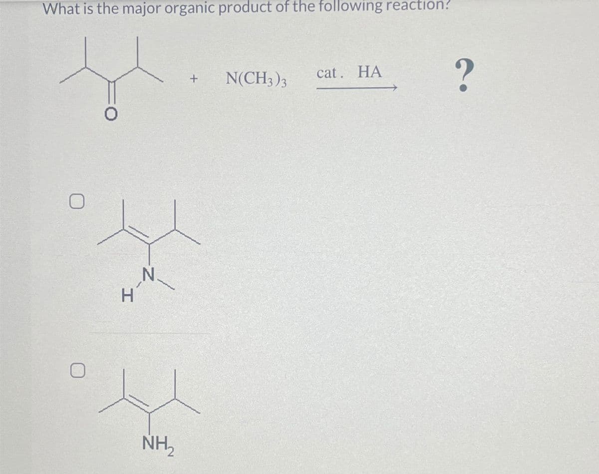 What is the major organic product of the following reaction?
j
H
NH₂
+
N(CH3)3
cat. HA
?