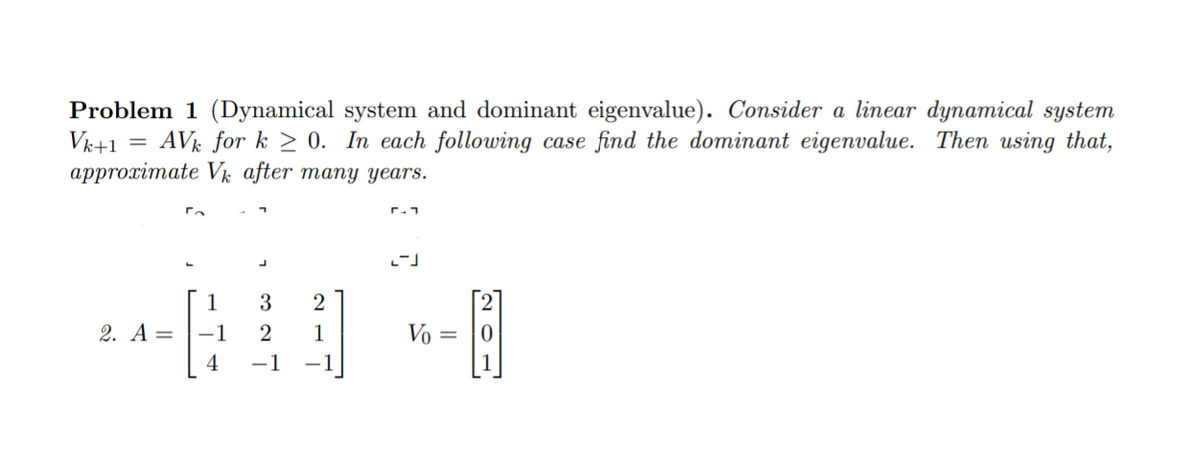 Problem 1 (Dynamical system and dominant eigenvalue). Consider a linear dynamical system
Vk+1 = AVk for k≥ 0. In each following case find the dominant eigenvalue. Then using that,
approximate Vk after many years.
1
2. A = -1
4
3 2
2 1
-1 -1
5-7
2-J
-6
Vo =