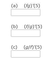 (a) (fg)'(5)
(b) (f/g)'(5)
(c) (g/f)'(5)