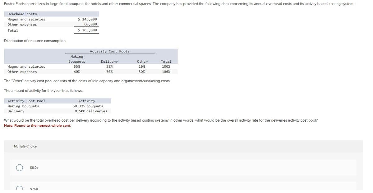 Foster Florist specializes in large floral bouquets for hotels and other commercial spaces. The company has provided the following data concerning its annual overhead costs and its activity based costing system:
Overhead costs:
Wages and salaries.
Other expenses
Total
Distribution of resource consumption:
Wages and salaries
Other expenses
Activity Cost Pool
Making bouquets
Delivery
Multiple Choice
с
$ 143,000
60,000
$ 203,000
The "Other" activity cost pool consists of the costs of idle capacity and organization-sustaining costs.
The amount of activity for the year is as follows:
$8.01
Making
Bouquets
55%
40%
$758
Activity Cost Pools
Delivery
35%
30%
Activity
What would be the total overhead cost per delivery according to the activity based costing system? In other words, what would be the overall activity rate for the deliveries activity cost pool?
Note: Round to the nearest whole cent.
Other
10%
30%
58,325 bouquets
8,500 deliveries
Total
100%
100%